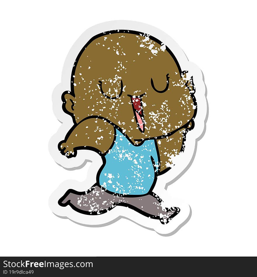 distressed sticker of a happy cartoon bald man