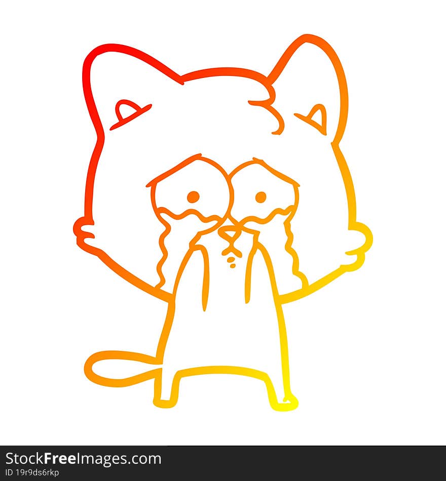 warm gradient line drawing of a cartoon crying cat