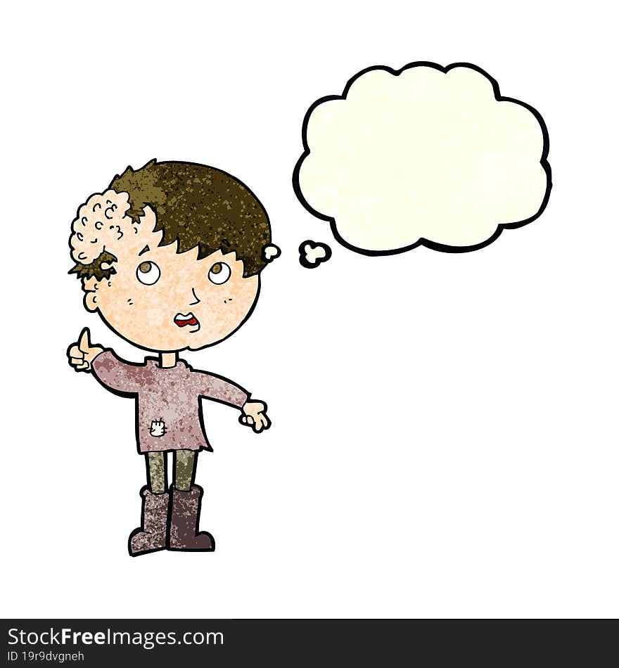 cartoon boy with growth on head with thought bubble