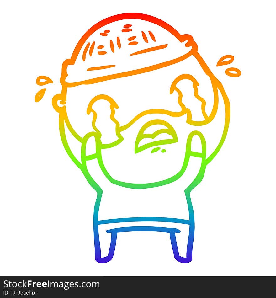 rainbow gradient line drawing of a cartoon bearded man crying