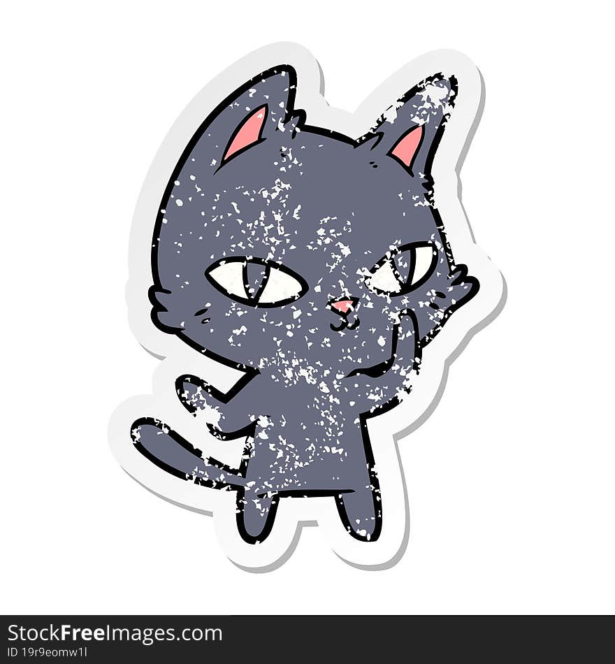 distressed sticker of a cartoon cat staring