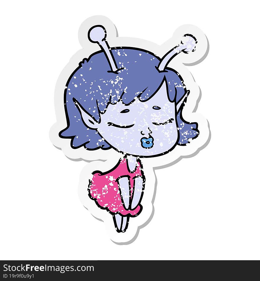 distressed sticker of a cute alien girl cartoon