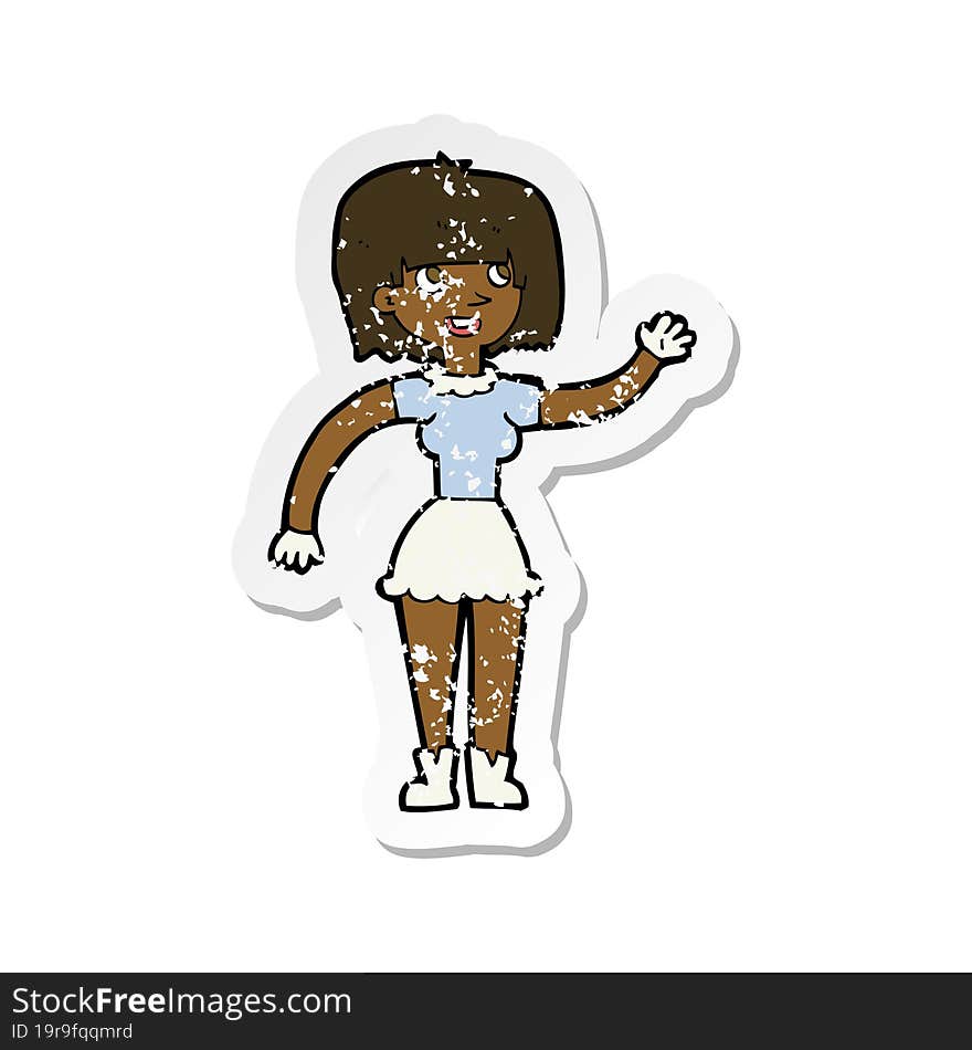 retro distressed sticker of a cartoon girl waving