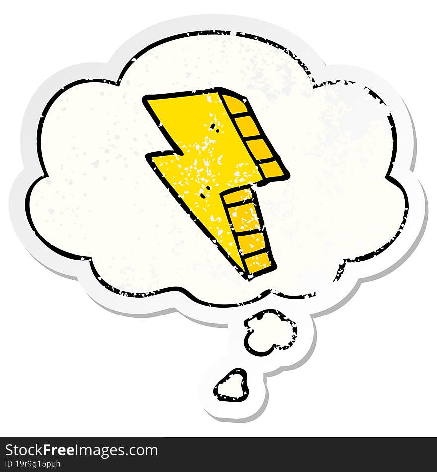 cartoon lightning bolt and thought bubble as a distressed worn sticker