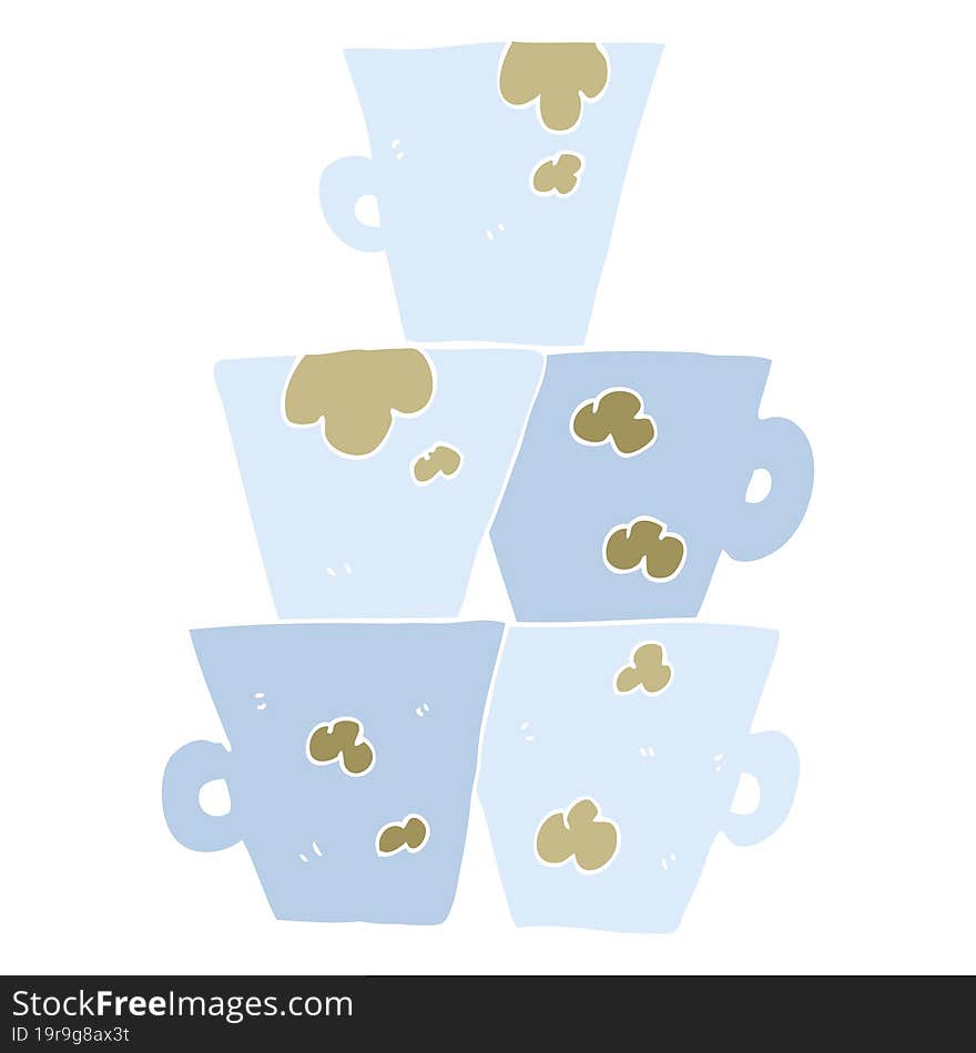 flat color illustration of a cartoon stack of dirty coffee cups