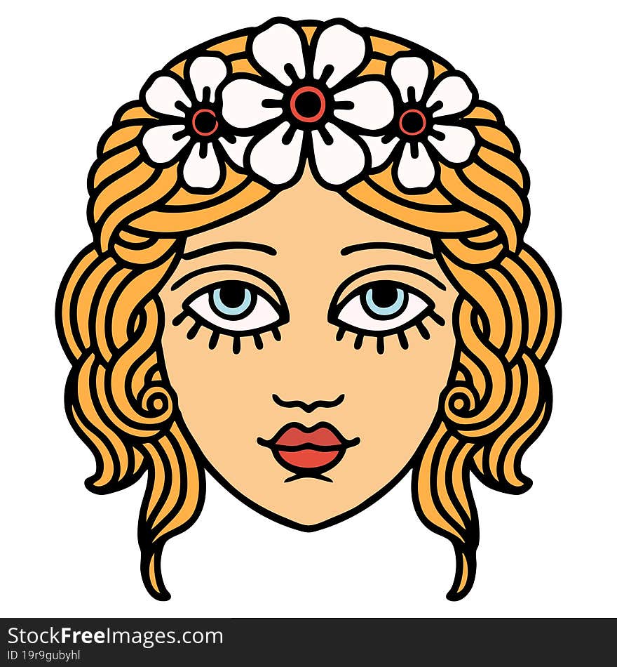 traditional tattoo of female face with crown of flowers