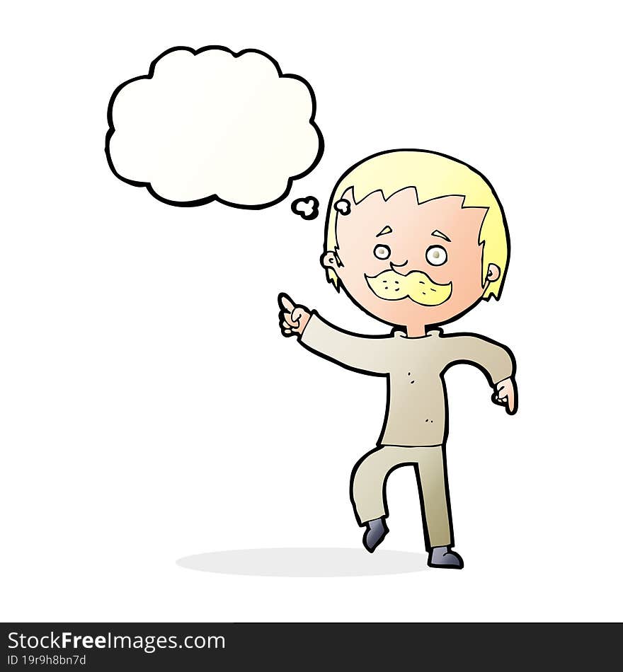 cartoon man with mustache pointing with thought bubble