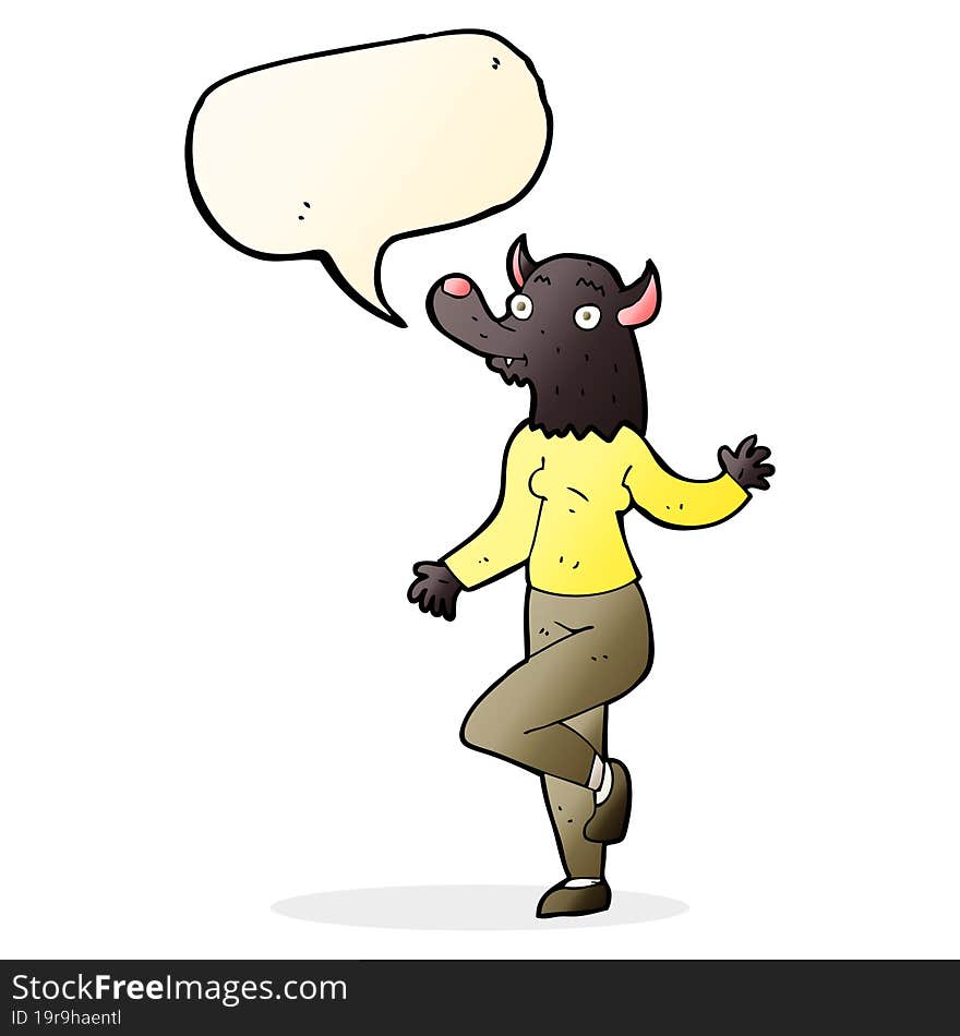 cartoon dancing werewolf woman with speech bubble