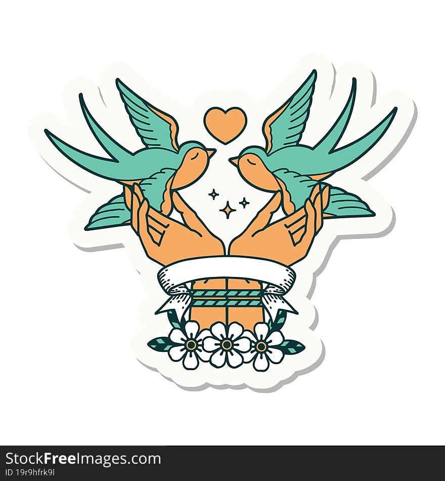 tattoo style sticker with banner of tied hands and swallows