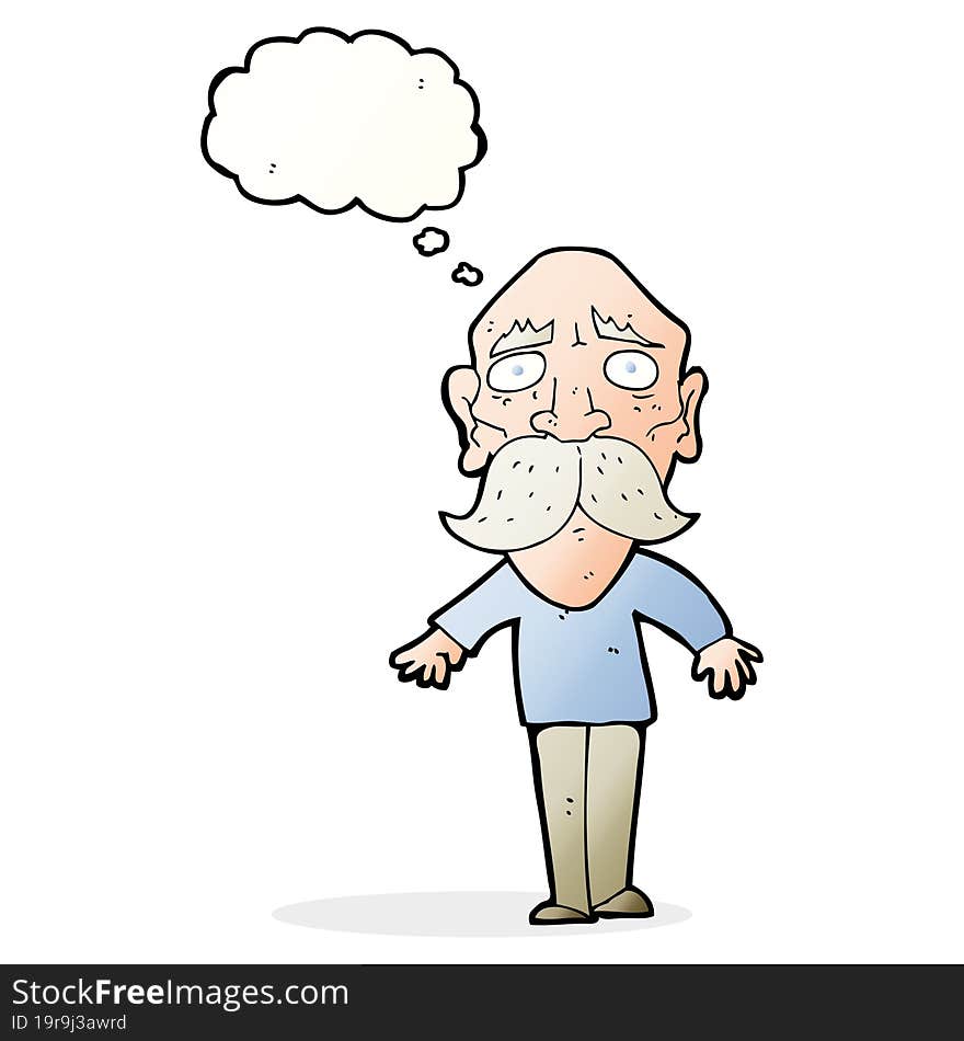 cartoon sad old man with thought bubble