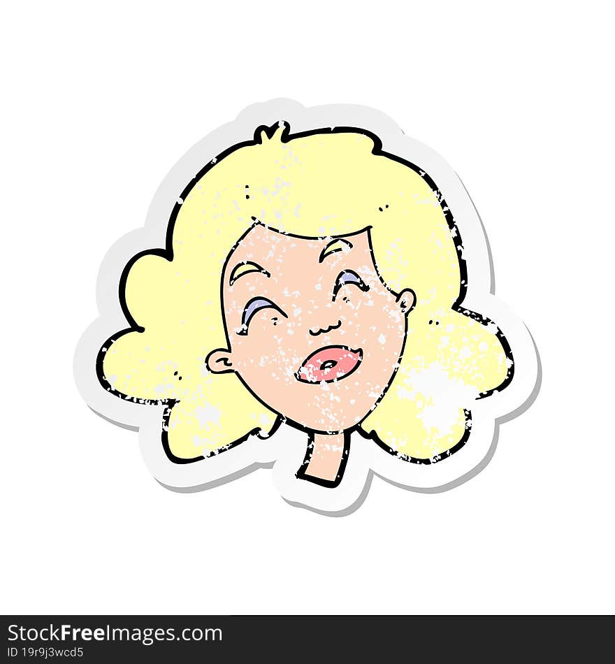 retro distressed sticker of a cartoon happy female face