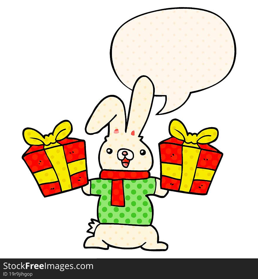 cartoon rabbit with christmas presents with speech bubble in comic book style. cartoon rabbit with christmas presents with speech bubble in comic book style