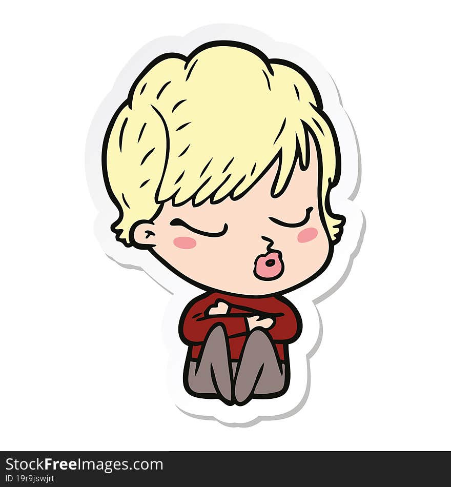 sticker of a cartoon woman with eyes shut