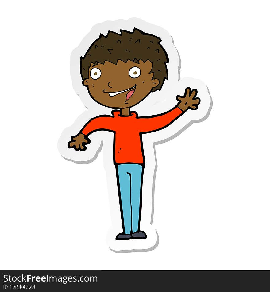 sticker of a cartoon happy boy waving