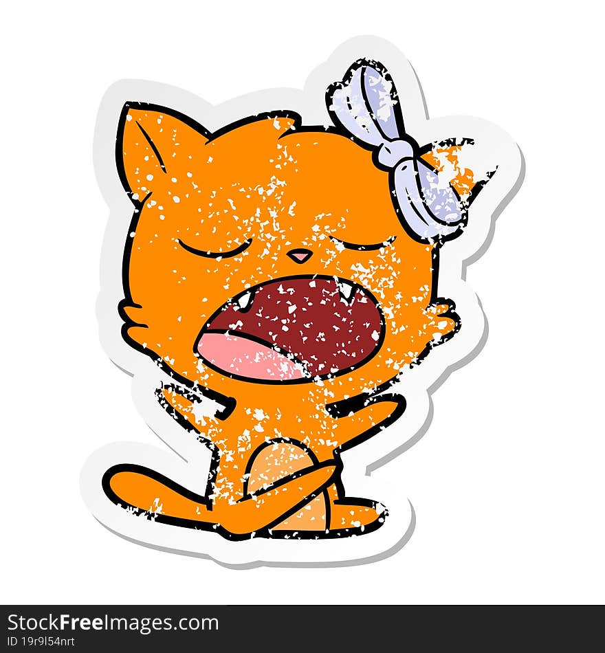 distressed sticker of a cartoon yawning cat