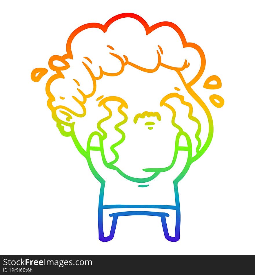 rainbow gradient line drawing cartoon man crying