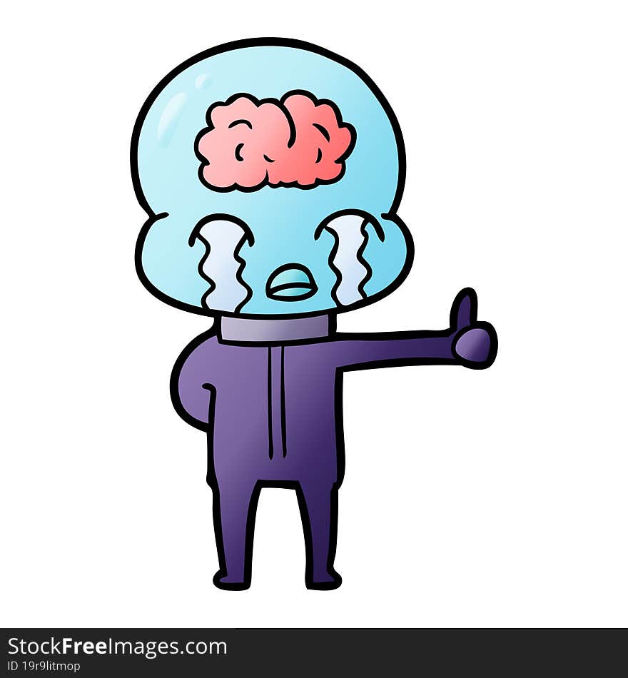 cartoon big brain alien crying but giving thumbs up symbol. cartoon big brain alien crying but giving thumbs up symbol