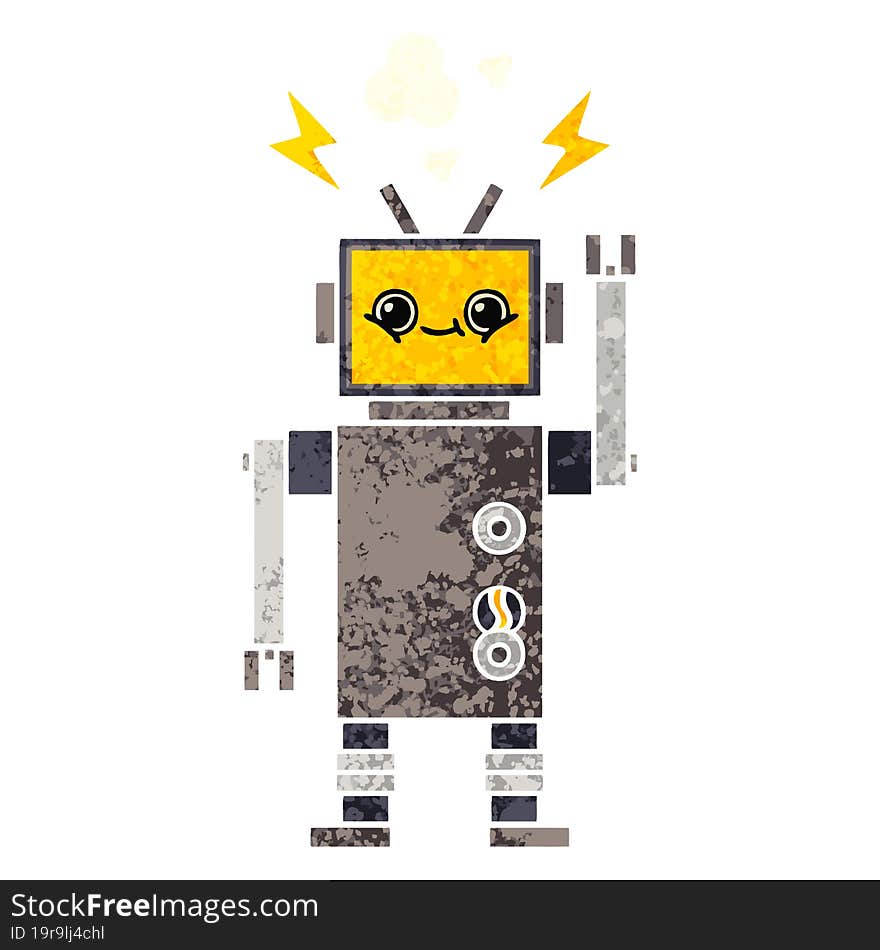 retro illustration style cartoon of a happy robot