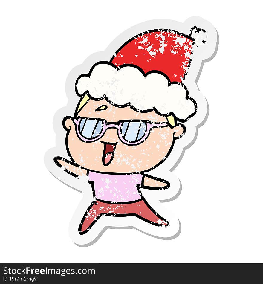 distressed sticker cartoon of a happy woman wearing spectacles wearing santa hat