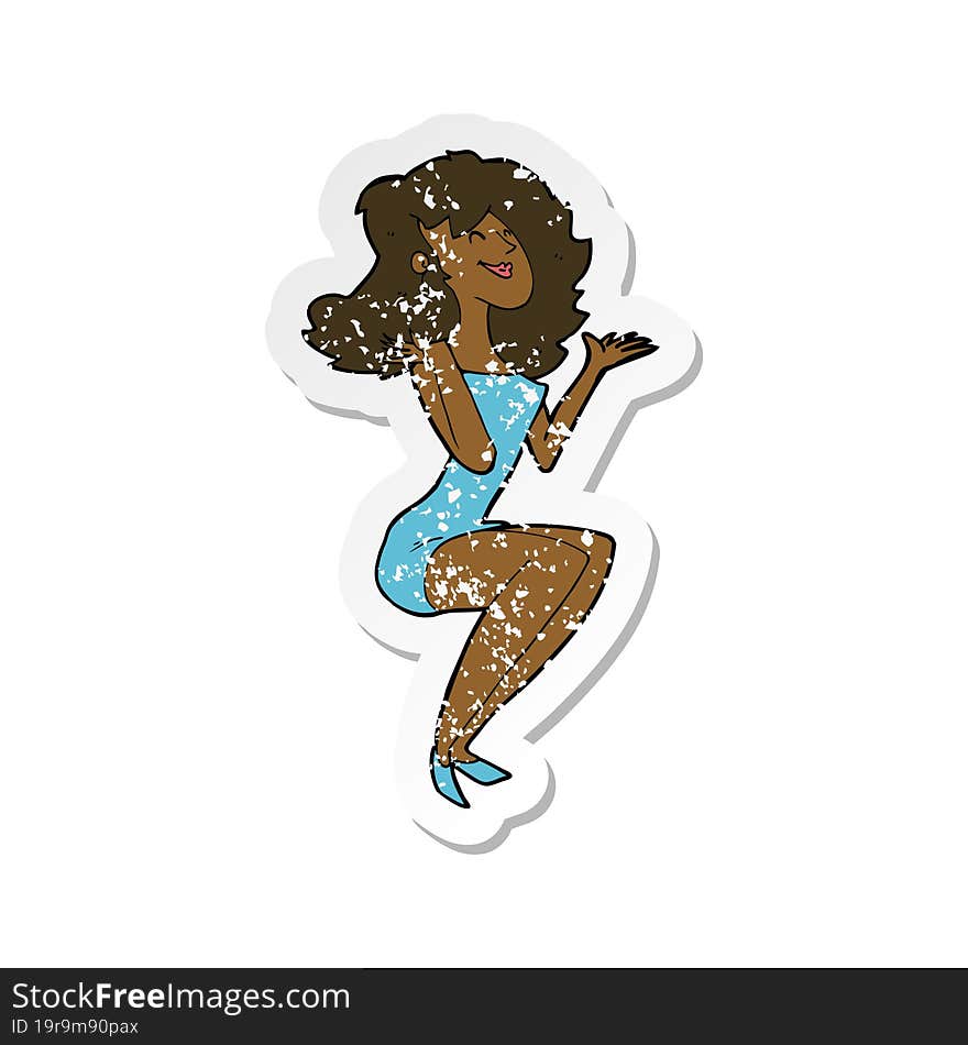 retro distressed sticker of a cartoon attractive woman sitting