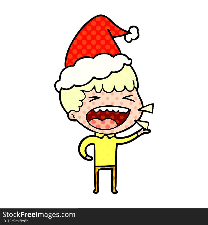 comic book style illustration of a laughing man wearing santa hat