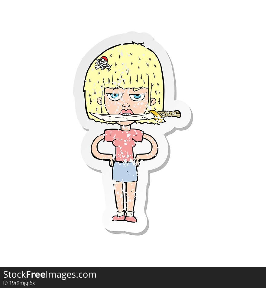 retro distressed sticker of a cartoon woman with knife between teeth