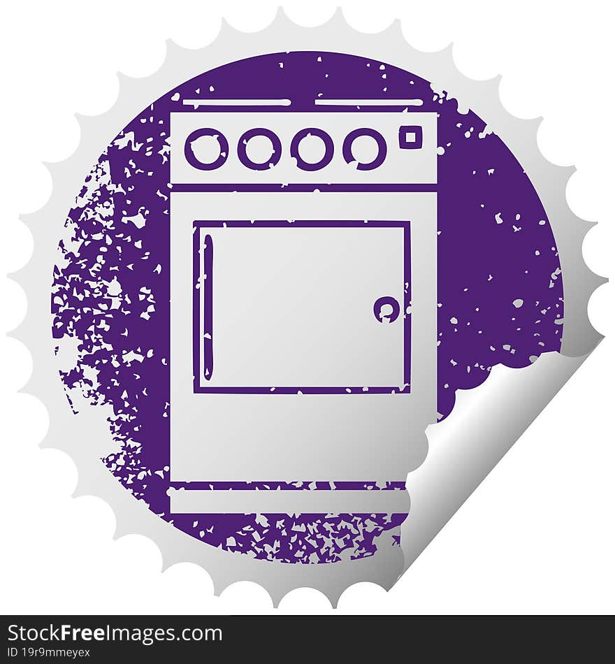 distressed circular peeling sticker symbol of a oven and cooker