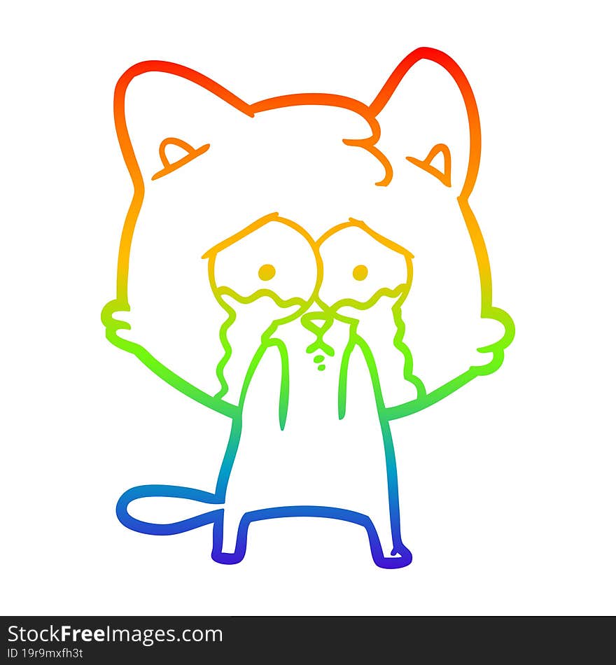 rainbow gradient line drawing of a cartoon crying cat