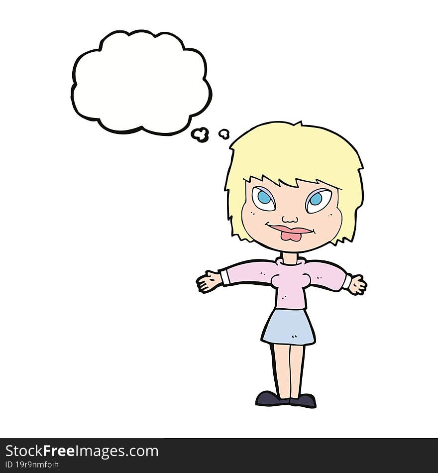 cartoon woman with open amrs with thought bubble