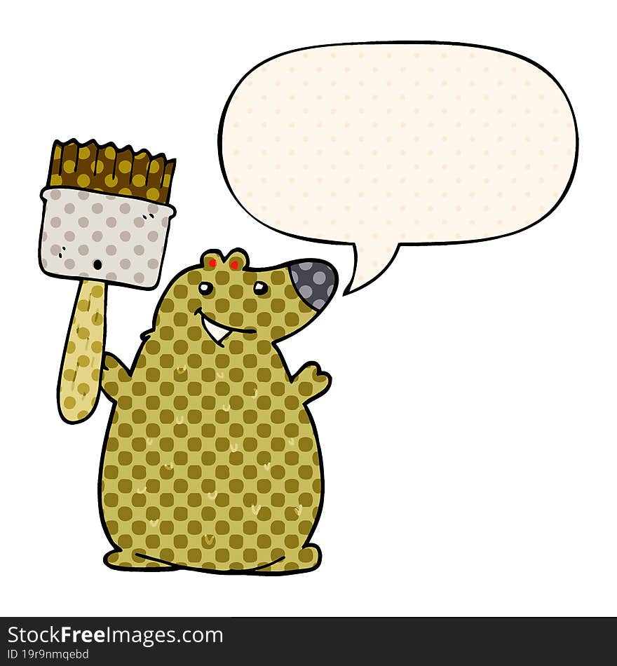 cartoon bear and paint brush and speech bubble in comic book style