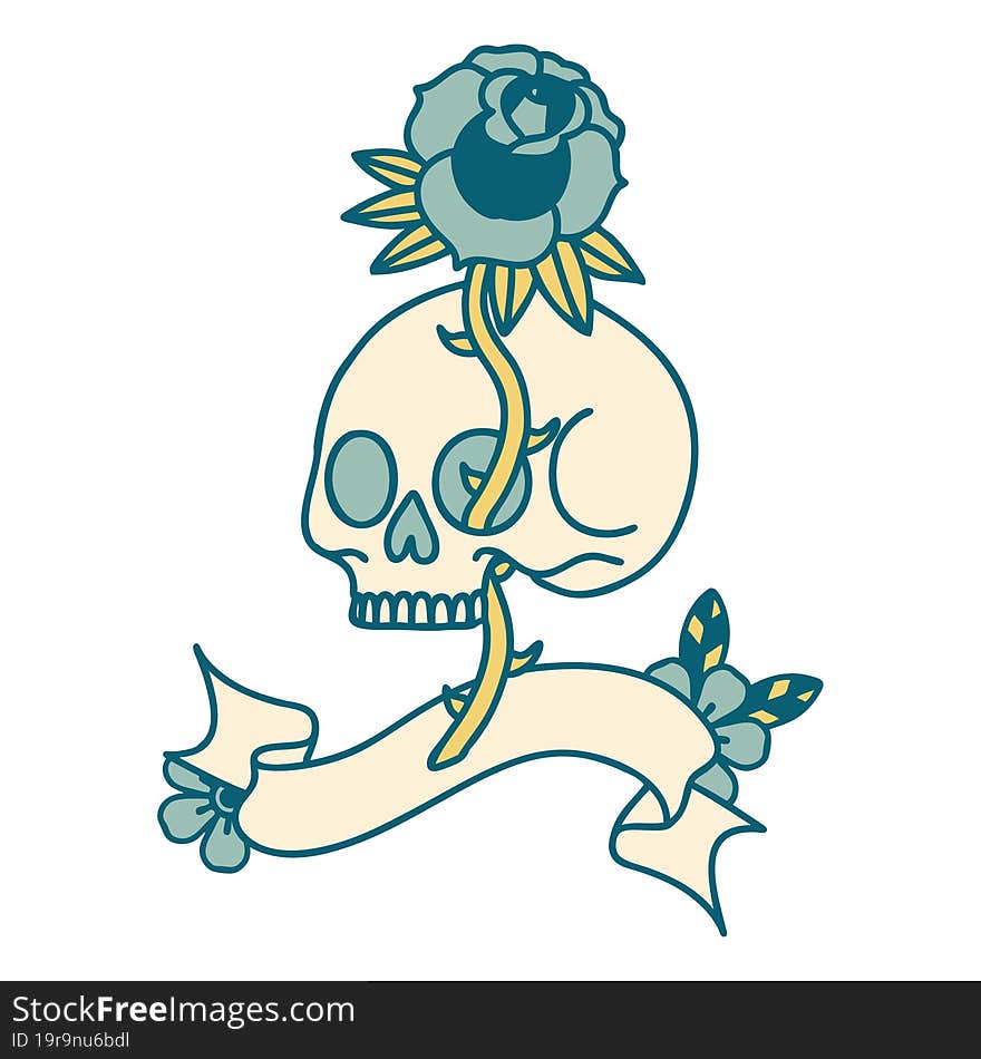 tattoo with banner of a skull and rose