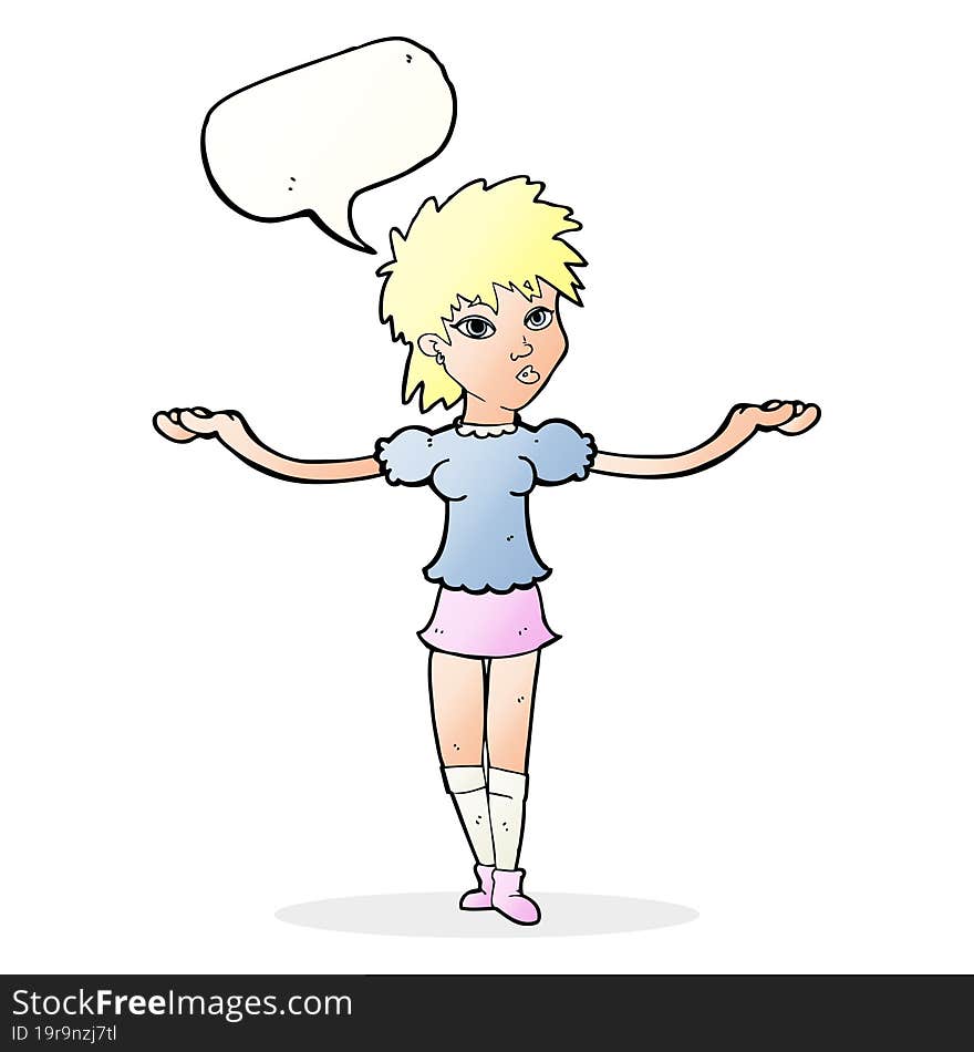 cartoon woman shrugging shoulders with speech bubble