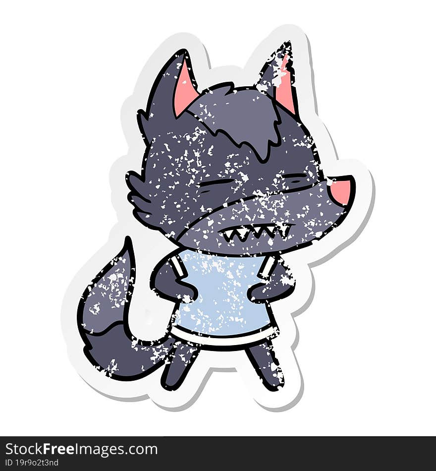 distressed sticker of a cartoon wolf showing teeth