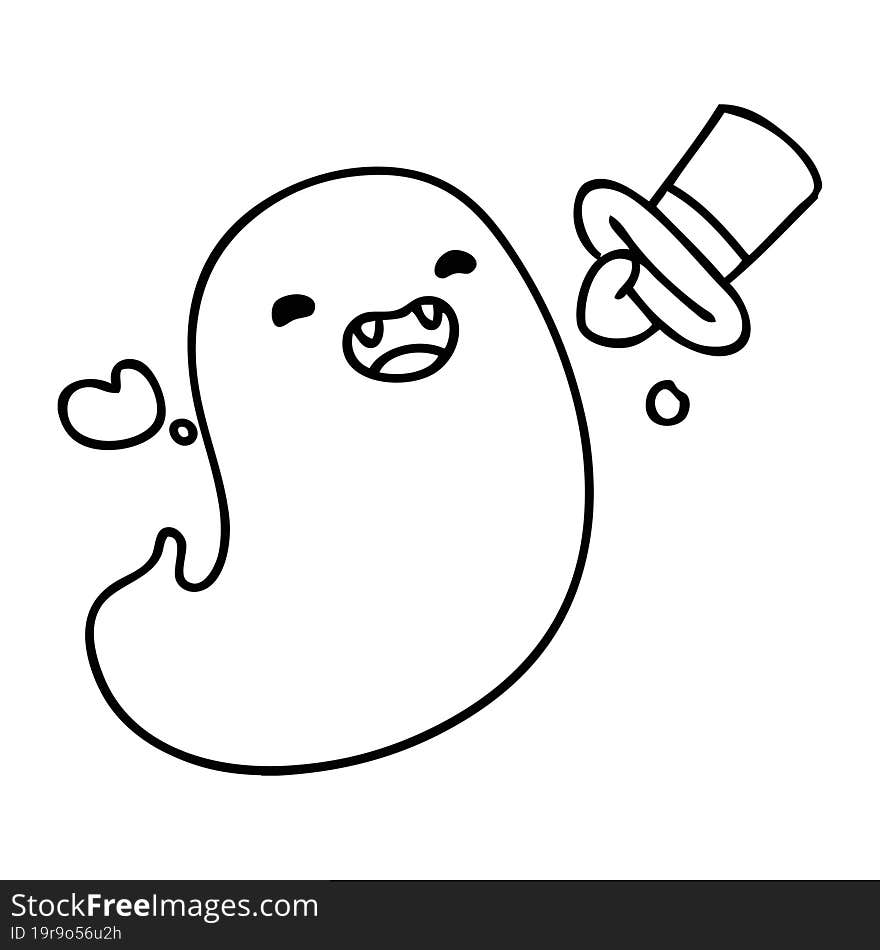 line doodle of a happy halloween ghost with top hat