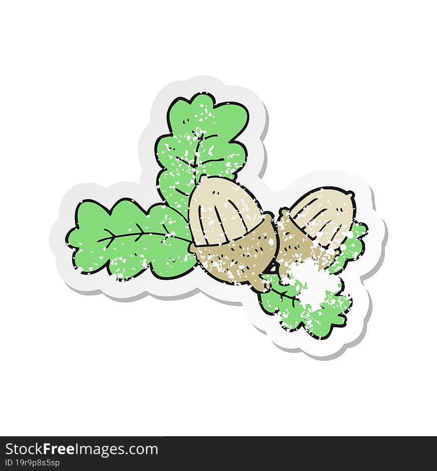 retro distressed sticker of a cartoon acorns and leaves