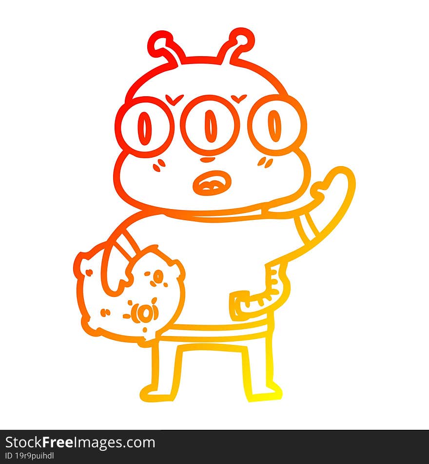 warm gradient line drawing cartoon three eyed alien waving