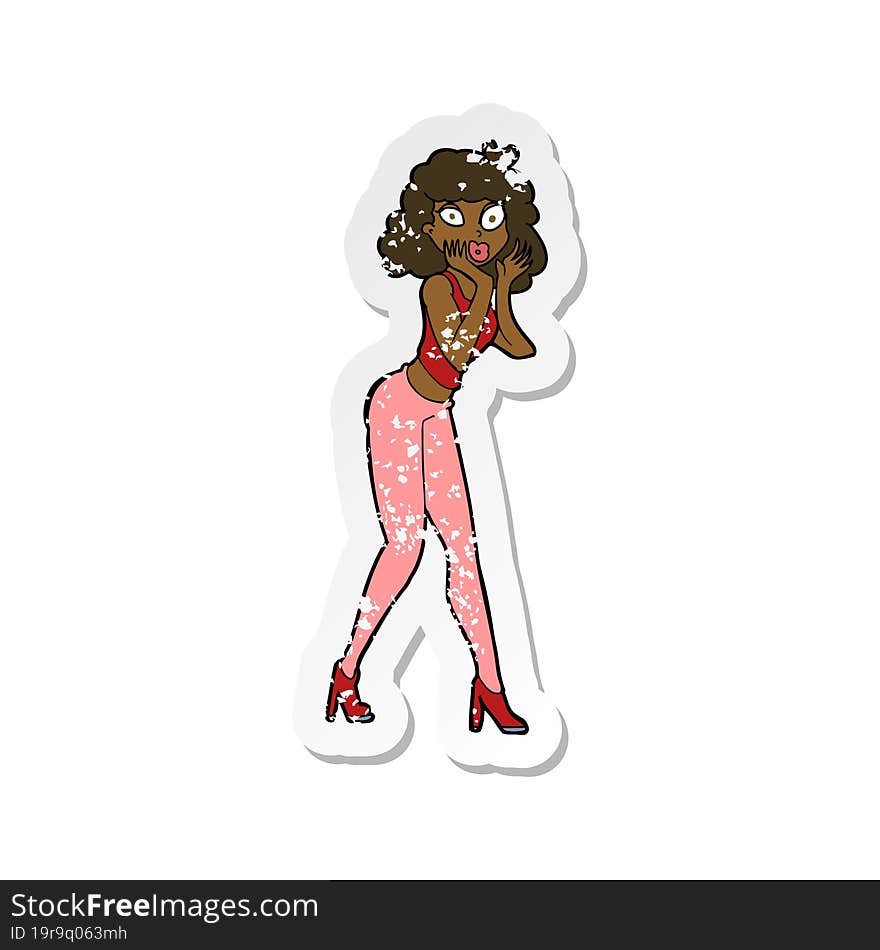 retro distressed sticker of a cartoon surprised woman