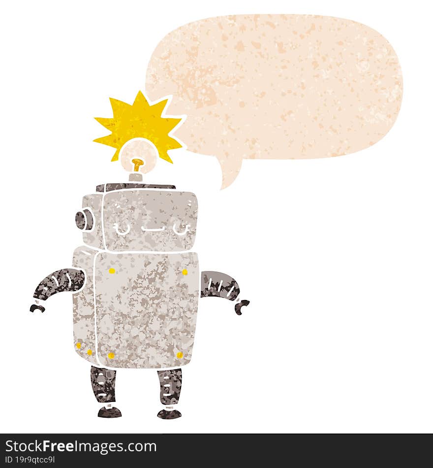 cartoon robot with speech bubble in grunge distressed retro textured style. cartoon robot with speech bubble in grunge distressed retro textured style