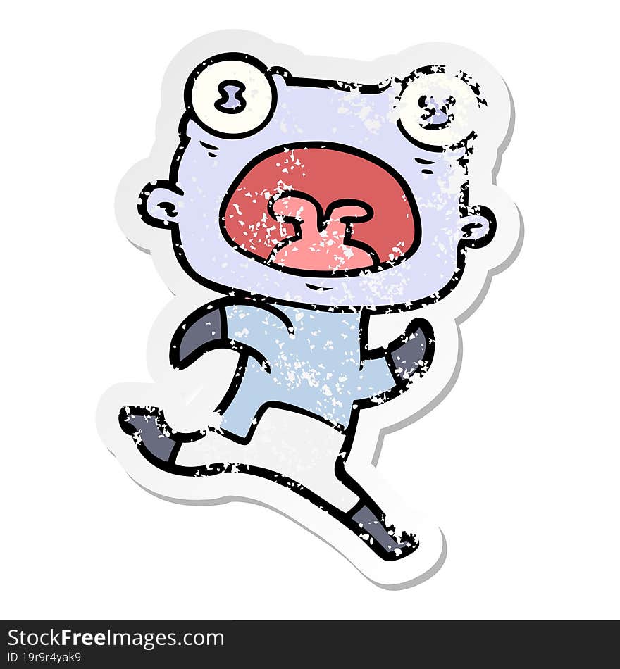 distressed sticker of a cartoon weird alien running away