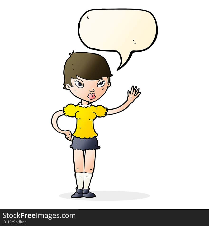 cartoon woman waving with speech bubble