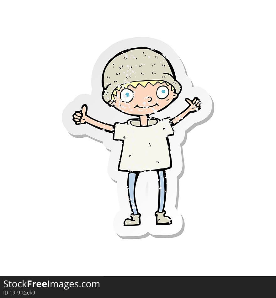 retro distressed sticker of a cartoon boy with positive attitude