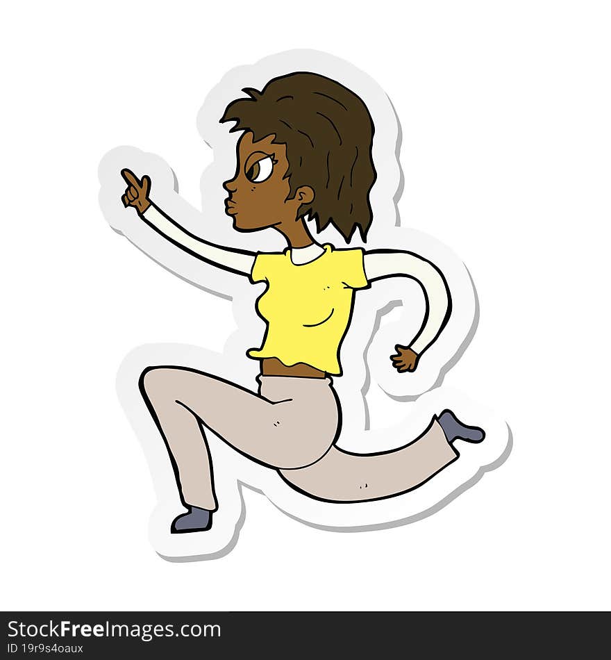 Sticker Of A Cartoon Woman Running And Pointing