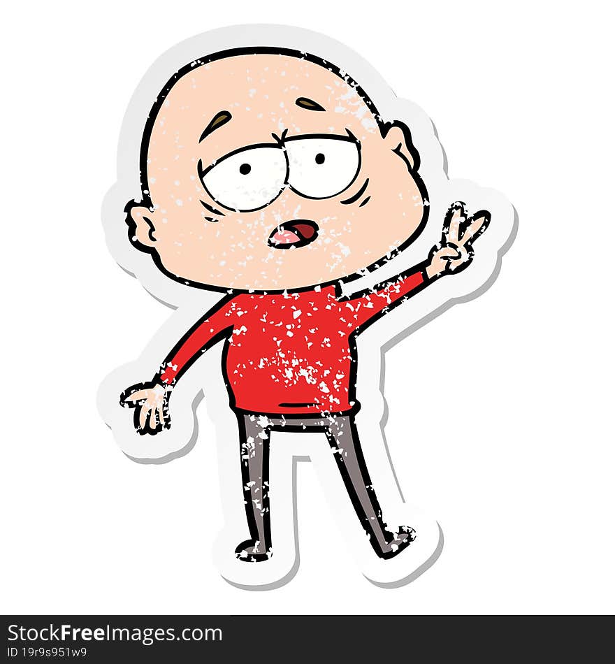 distressed sticker of a cartoon tired bald man