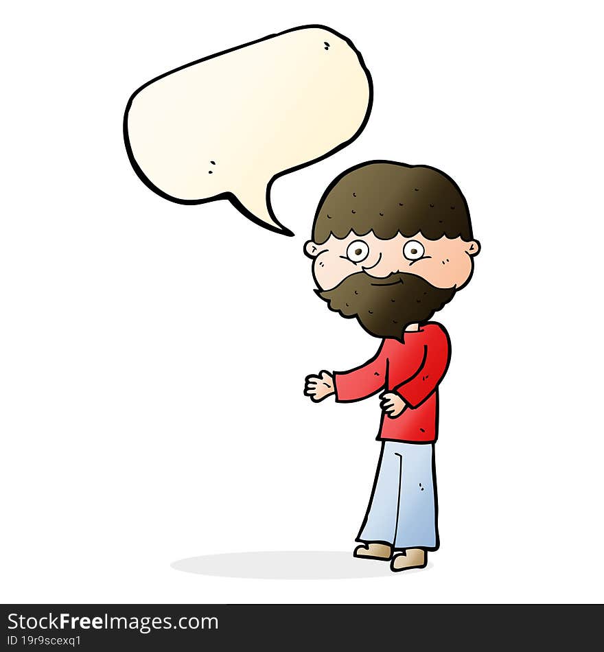 cartoon happy bearded man with speech bubble