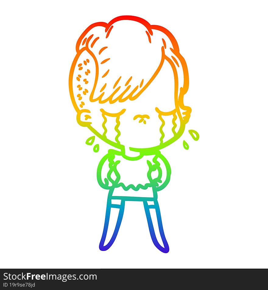 rainbow gradient line drawing of a cartoon crying girl