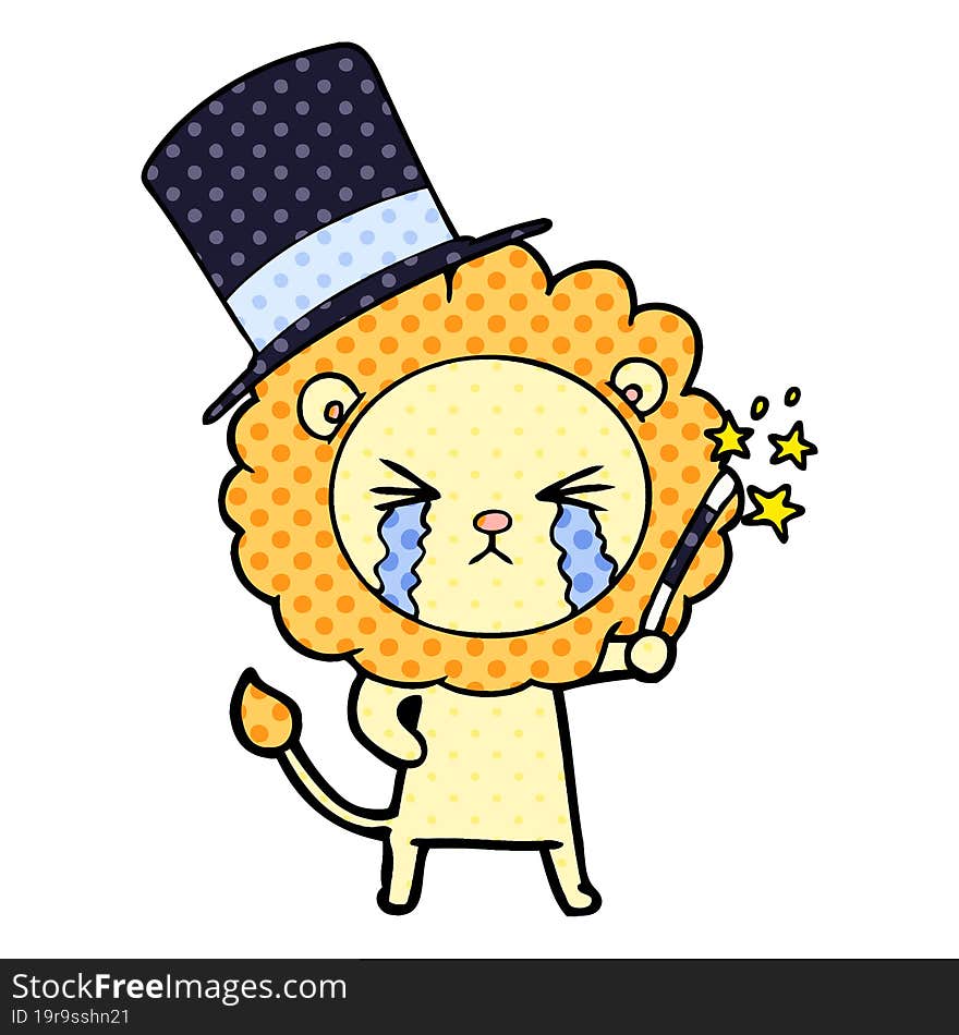 cartoon crying lion magician. cartoon crying lion magician