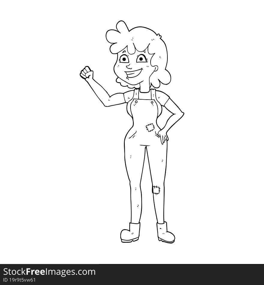 freehand drawn black and white cartoon determined woman clenching fist