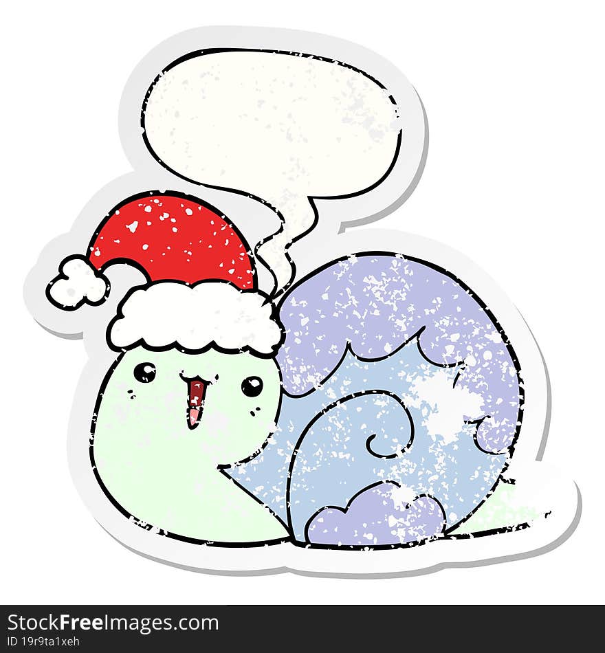 cute cartoon christmas snail and speech bubble distressed sticker