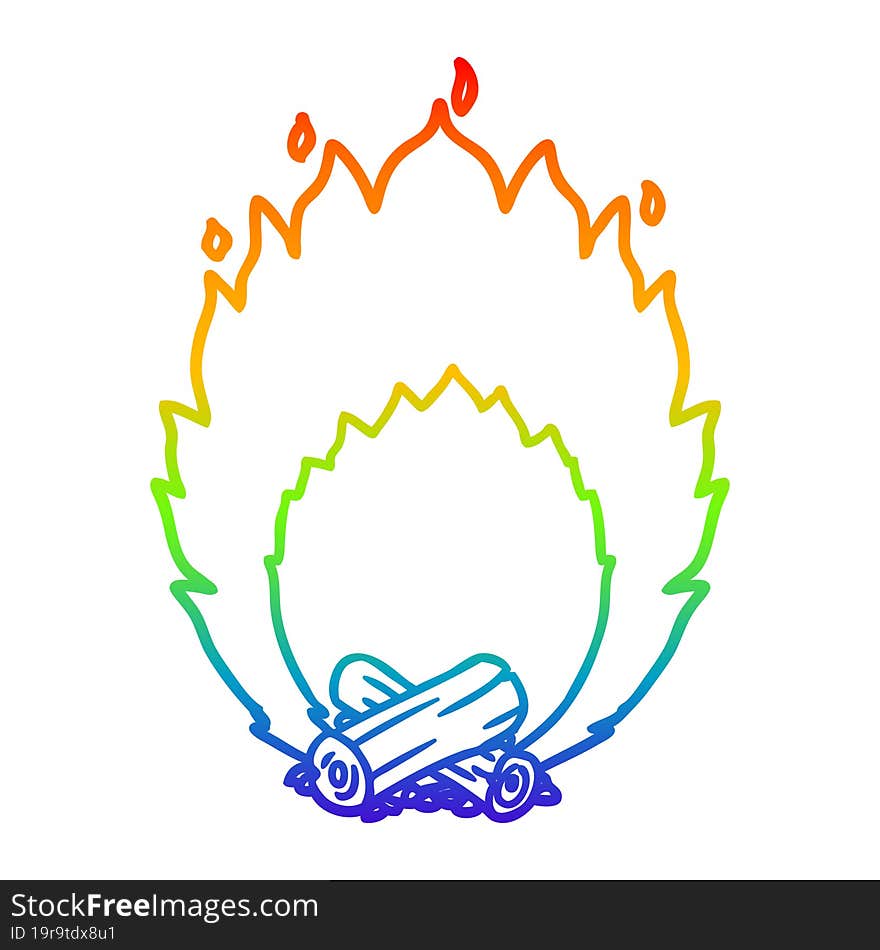 rainbow gradient line drawing of a cartoon blazing camp fire