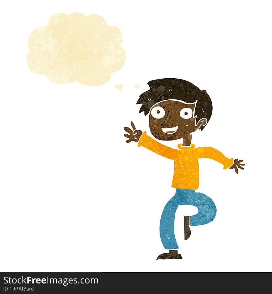 cartoon excited boy dancing with thought bubble